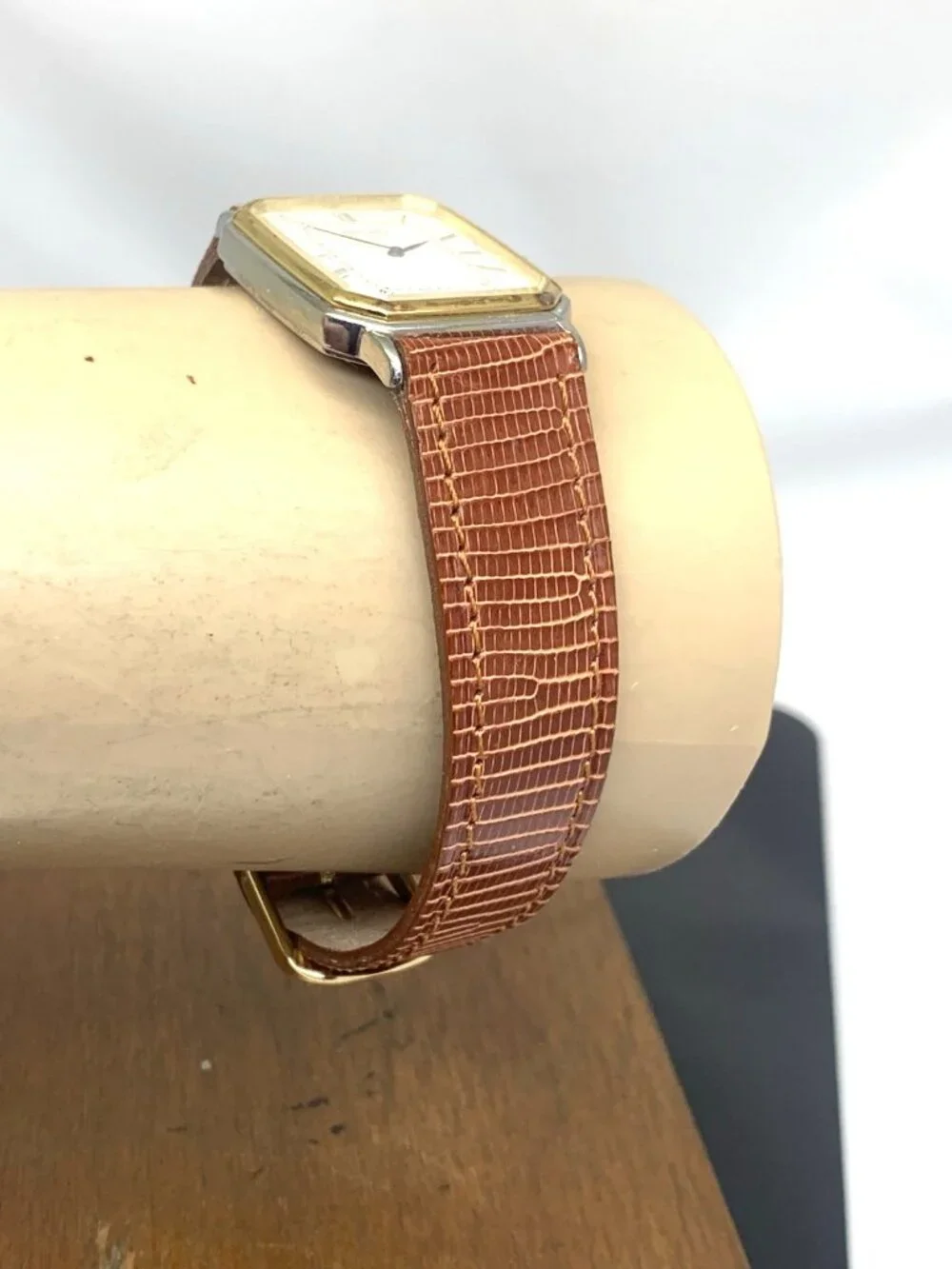 Seiko Watch 2320-6380 Quartz Tank Two Tone Case Brown Leather Strap 1981 25mm